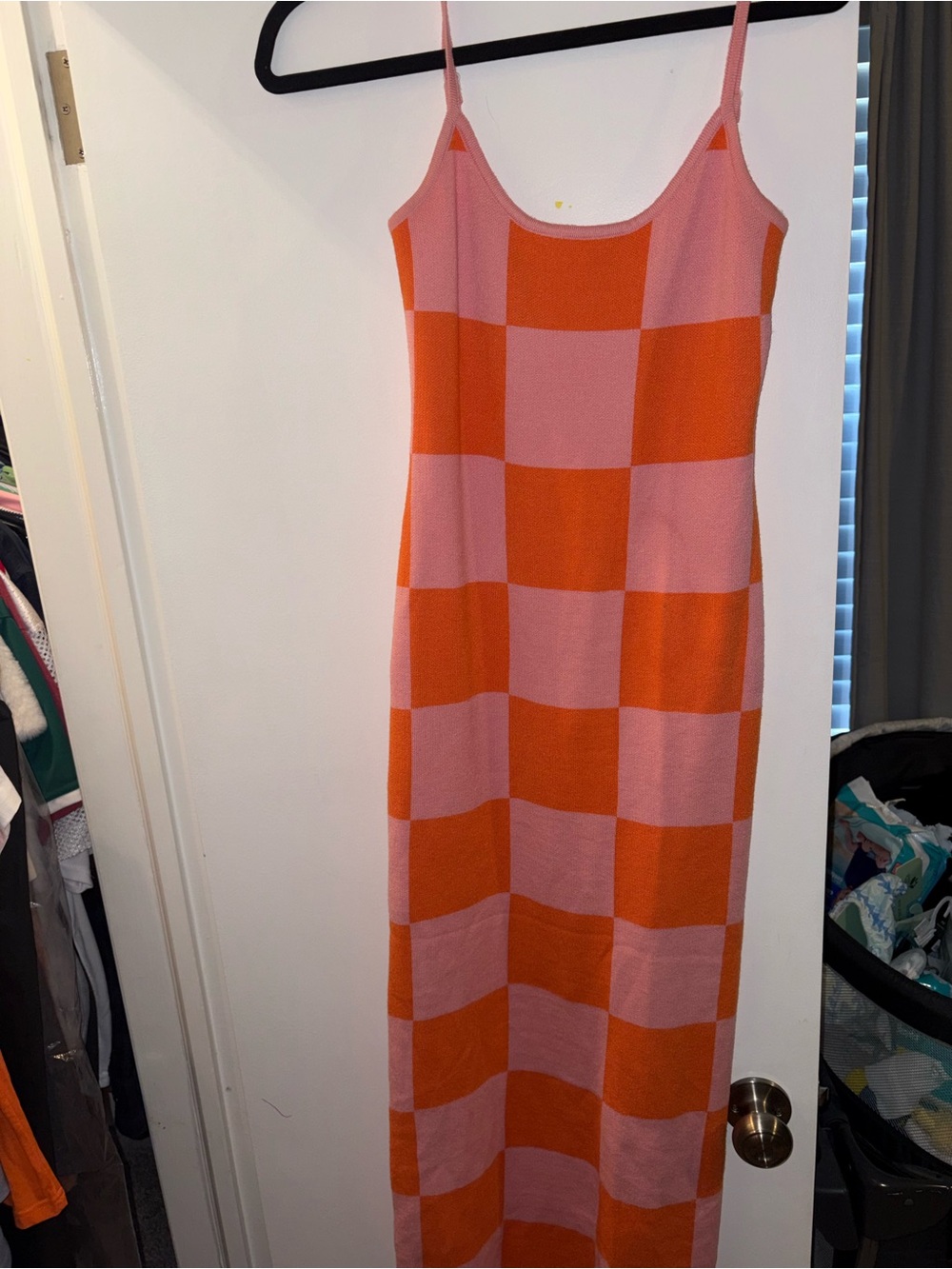 Amazon Pink & Orange Checkerboard Spaghetti Strap Maxi Dress